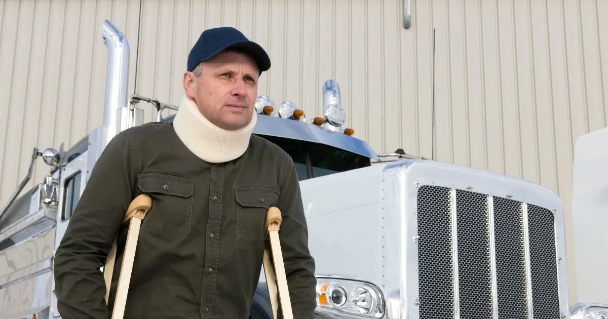 Man standing in front of truck, wearing a neck brace and crutches after being injured.